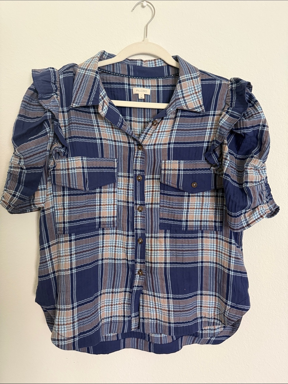 Pilcro Navy Blue Plaid Ruffle-Sleeve Button Front Blouse